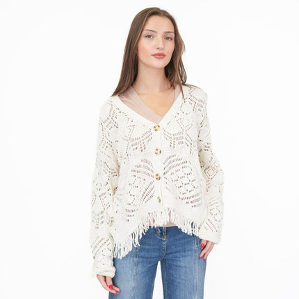 M&S Knitted V-Neck Fringe Cropped Cardigan Boho-Chic Natural Ivory-Quality Brands Outlet-