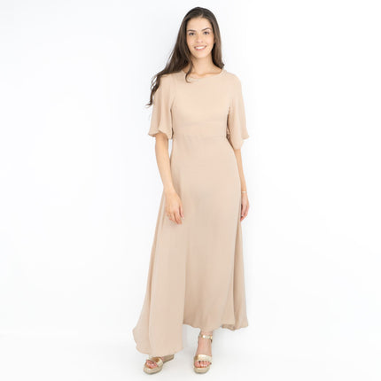 Boohoo Beige Cap Short Sleeve A-line Flare Maxi Dress-Quality Brands Outlet-