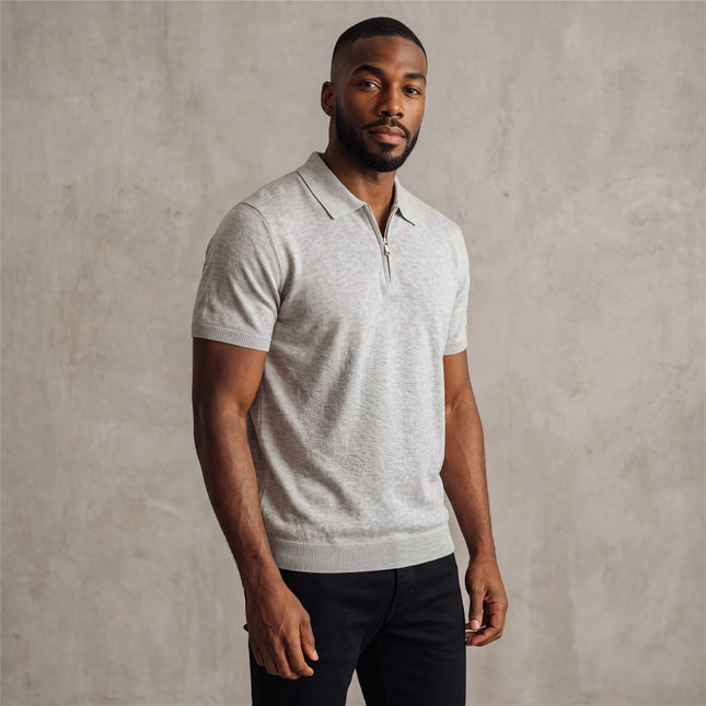 Massimo Dutti Mens Classic Knitted Linen Blend Polo Shirt Half Zip Neck Grey