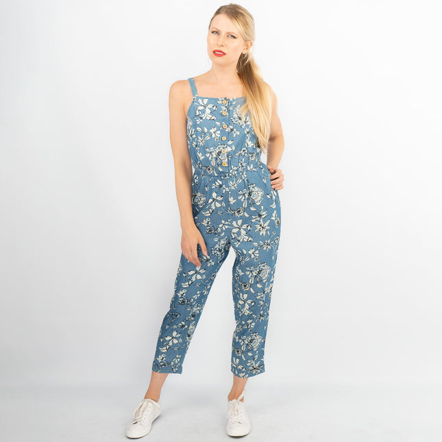 Summer Jumpsuits Blue Floral Print Sleeveless Strappy Crop Leg Elasticated Waist Playsuit