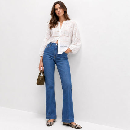 Womens Boot Cut Jeans High Waisted Slim Flare Shape - Medium Indigo