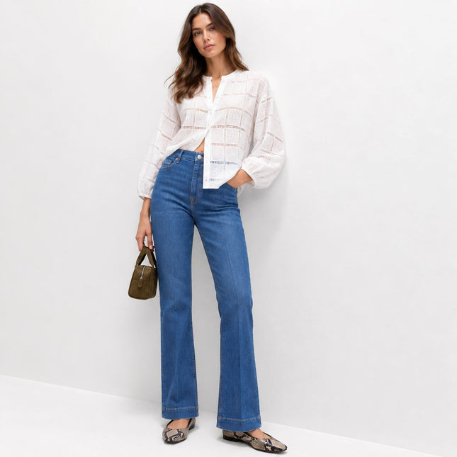 Womens Boot Cut Jeans High Waisted Slim Flare Shape - Medium Indigo