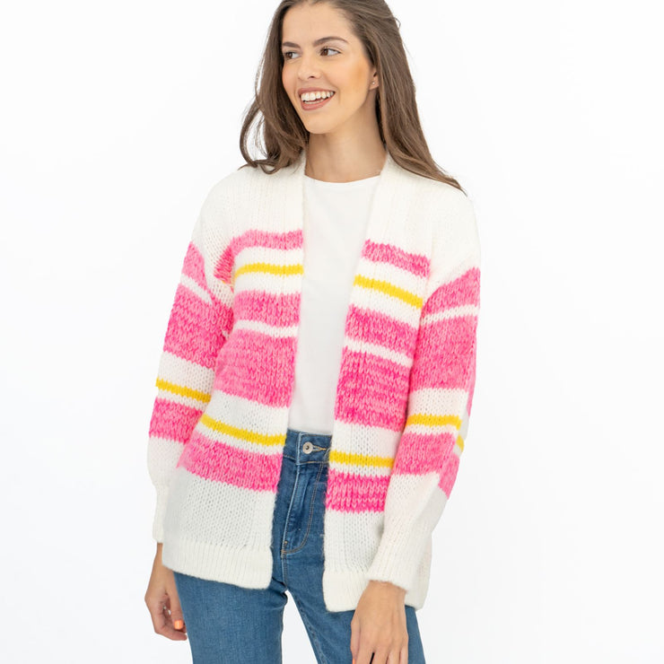 Joules Womens Cardigan Pink White Slouchy Stripe Supersoft Chunky Knit