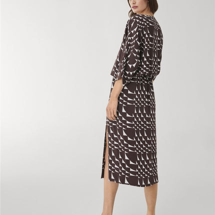 Jasper Conran Beau 3/4 Sleeve Brown Print Boat Neck Relaxed Fit Midi Dresses with Split and Pockets