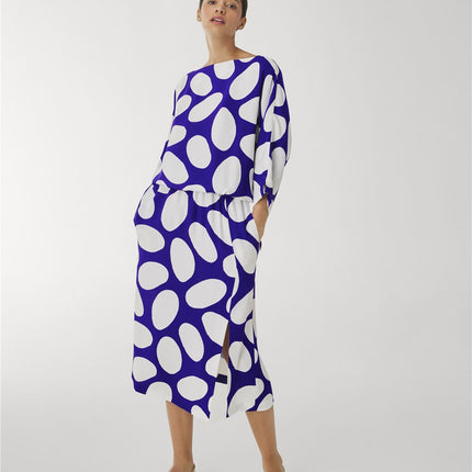 Jasper Conran Beau 3/4 Sleeve Blue Print Boat Neck Relaxed Fit Midi Dresses with Split and Pockets