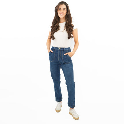 M&S Slim Leg Ankle Grazer Stretch Elasticated Cuff Dark Blue Jeans - Quality Brands Outlet