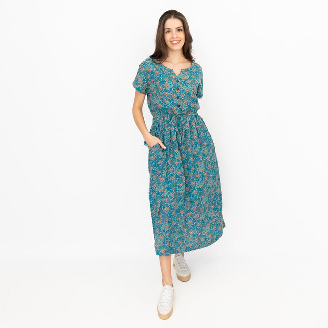 Seasalt Teal True Note Painted Rose Midi Dress-Quality Brands Outlet-
