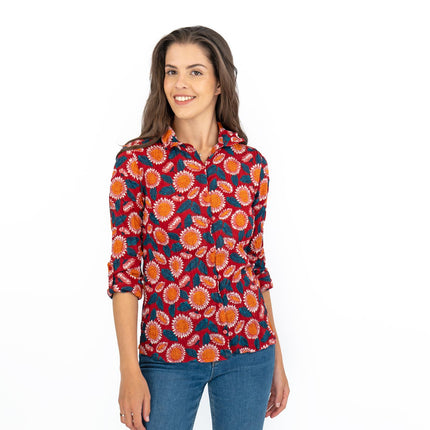 Seasalt Larissa Red Daisies Shirt Long Sleeve Cotton Button-Up Tops-Quality Brands Outlet-
