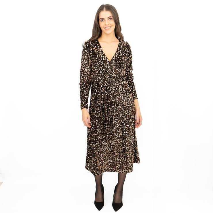 Velvet Sequin Wrap Midi Dress Sparkle Bronze - Quality Brands Outlet