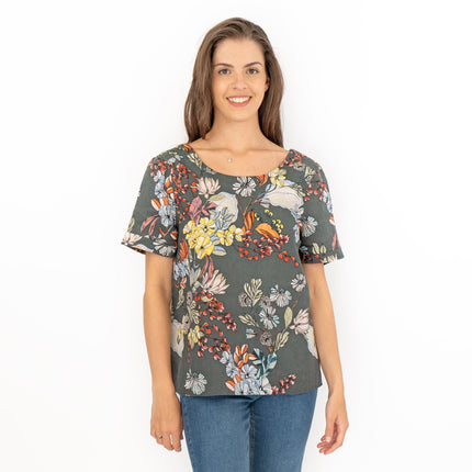 Seasalt Grey Floral Linen Blend Blouse Short Sleeve Tops-Quality Brands Outlet-