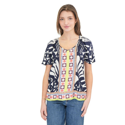 White Stuff Imogen Short Sleeve Top Navy Print Lightweight Summer - Quality Brands Outlet