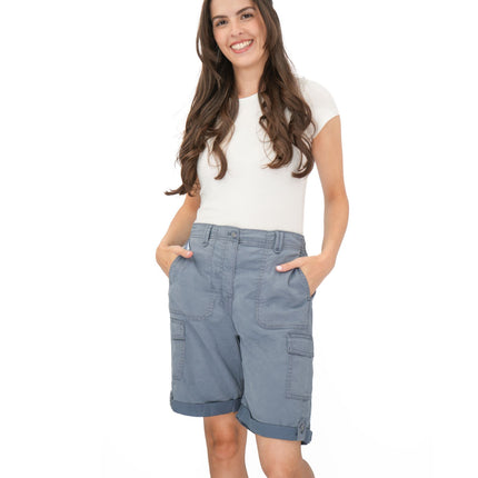 M&S Cargo Shorts Elastic Waist Cotton Lyocell Blue Turn Up - Quality Brands Outlet