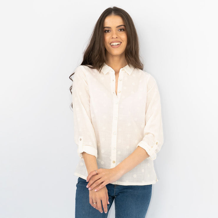 White Stuff Long Sleeve Relaxed Fit Button-Up Lightweight Cotton White Embroidered Shirts
