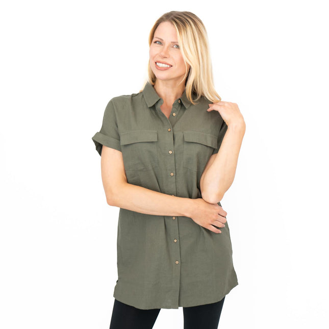 Womens Linen Tunic Khaki Green Short Sleeve Shirts-Quality Brands Outlet-