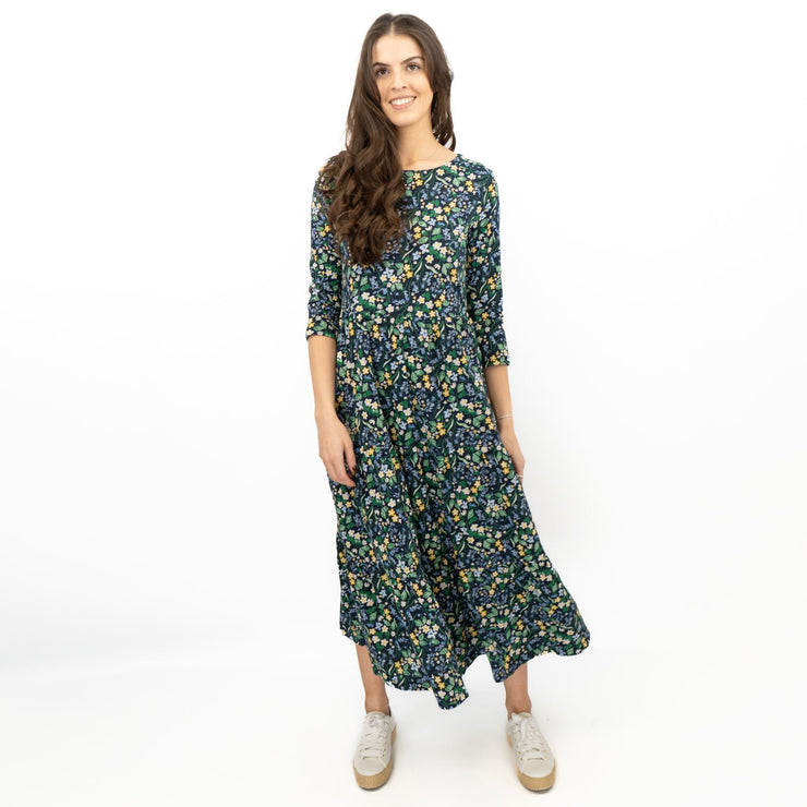 Seasalt Navy Floral Dress Tiered Line Strokes Midi Short Sleeve - Quality Brands Outlet