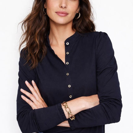 Boden Navy Supersoft Frill Henley Top Cotton Modal Slim Fit-Quality Brands Outlet-