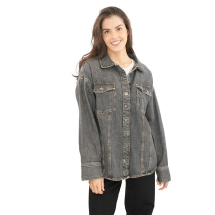 Next Denim Overshirt Long Sleeve Oversized Tops Black-Quality Brands Outlet-