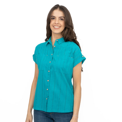 White Stuff Ellie Turquoise Cotton Broderie Short Sleeve Top-Quality Brands Outlet-