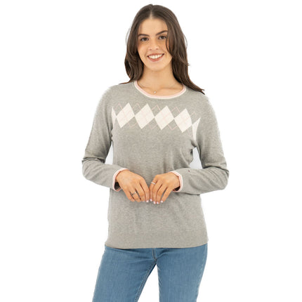 Lucy Argyle Jumper Grey Diamond Intarsia Long Sleeve Tops-Quality Brands Outlet-