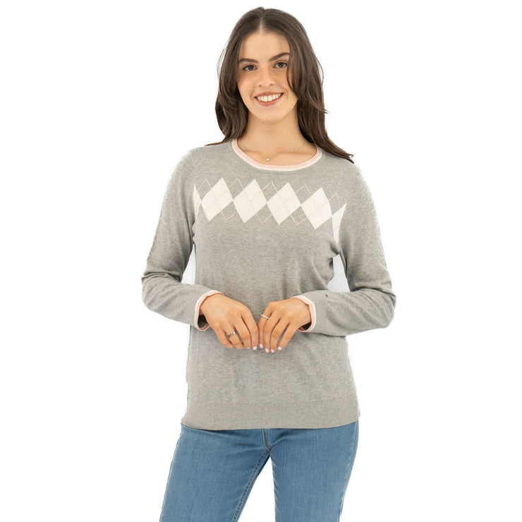 Lucy Argyle Jumper Grey Diamond Intarsia Long Sleeve Tops - Quality Brands Outlet