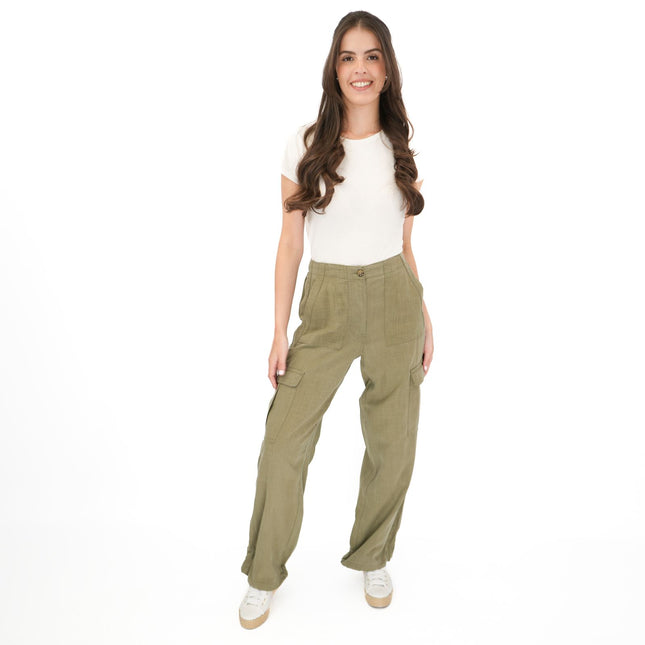 M&S Per Una Cargo Trousers Linen Lyocell Blend Khaki Green Wide Leg with Drawstring-Quality Brands Outlet-