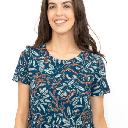 Seasalt Teal Green Line Strokes Floral Short Sleeve Midi Dress-Quality Brands Outlet-