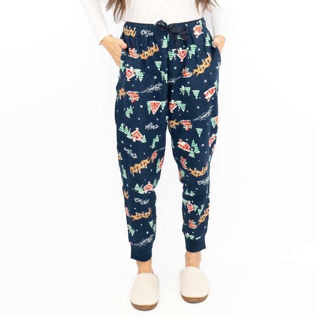 Old Navy Gap Womens Blue Santa Sleigh Christmas Jogger Style Pyjama Bottoms Elasticated Waist Trousers-Quality Brands Outlet-