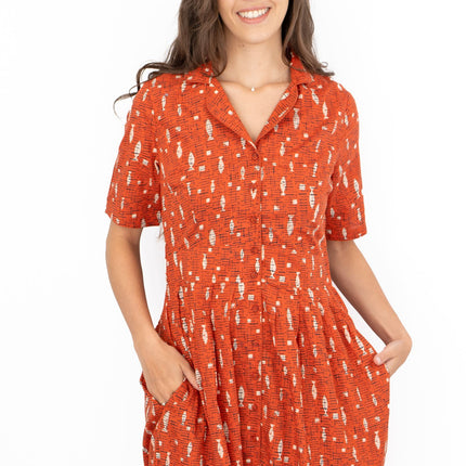 Seasalt Charlotte Orange Fish Short Sleeve Midi Fit & Flare Dress-Quality Brands Outlet-