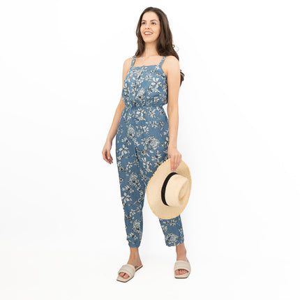 Summer Jumpsuits Blue Floral Print Sleeveless Strappy Crop Leg Elasticated Waist Playsuit