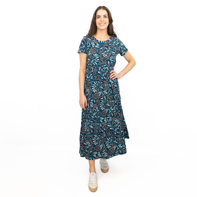 Seasalt Teal Green Line Strokes Floral Short Sleeve Midi Dress-Quality Brands Outlet-