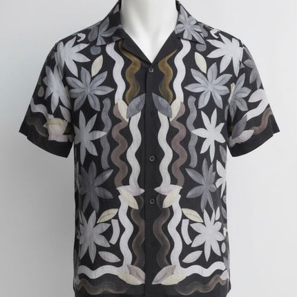 Mens Black Delphi Linen Floral Cuban Collar Shirt - Quality Brands Outlet