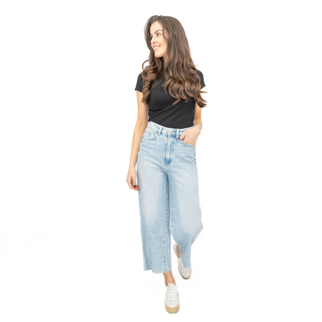 M&S Womens Cropped Jeans Wide Leg High Waist Raw Hem Blue Light Denim-Quality Brands Outlet-
