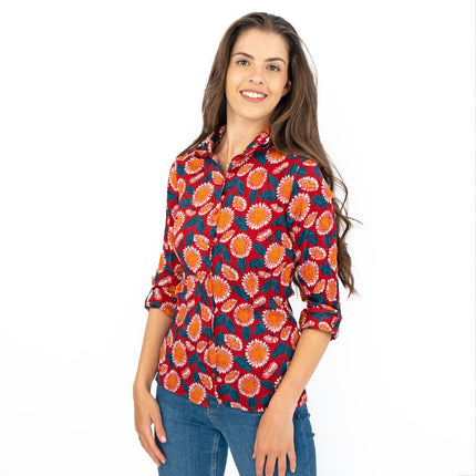 Seasalt Larissa Red Daisies Shirt Long Sleeve Cotton Button-Up Tops-Quality Brands Outlet-