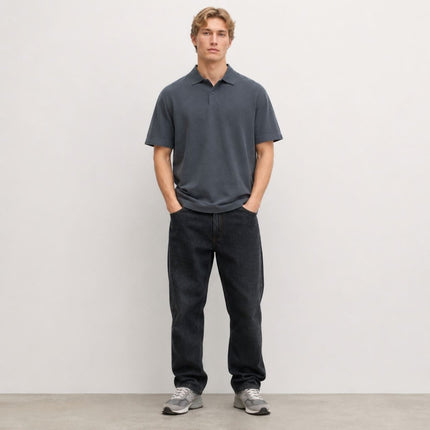 M&S Dark Pewter Grey Pure Cotton Garment Dyed Polo Shirt Relaxed Fit-Quality Brands Outlet-