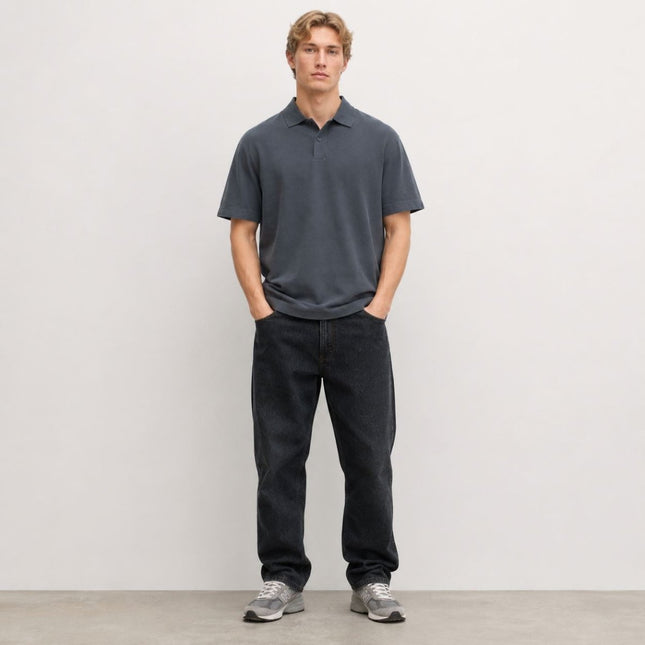 M&S Dark Pewter Grey Pure Cotton Garment Dyed Polo Shirt Relaxed Fit - Quality Brands Outlet