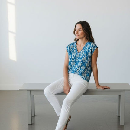 White Stuff Blue Iris Linen T-Shirt Blue V - Neck Short Sleeve Summer - Quality Brands Outlet