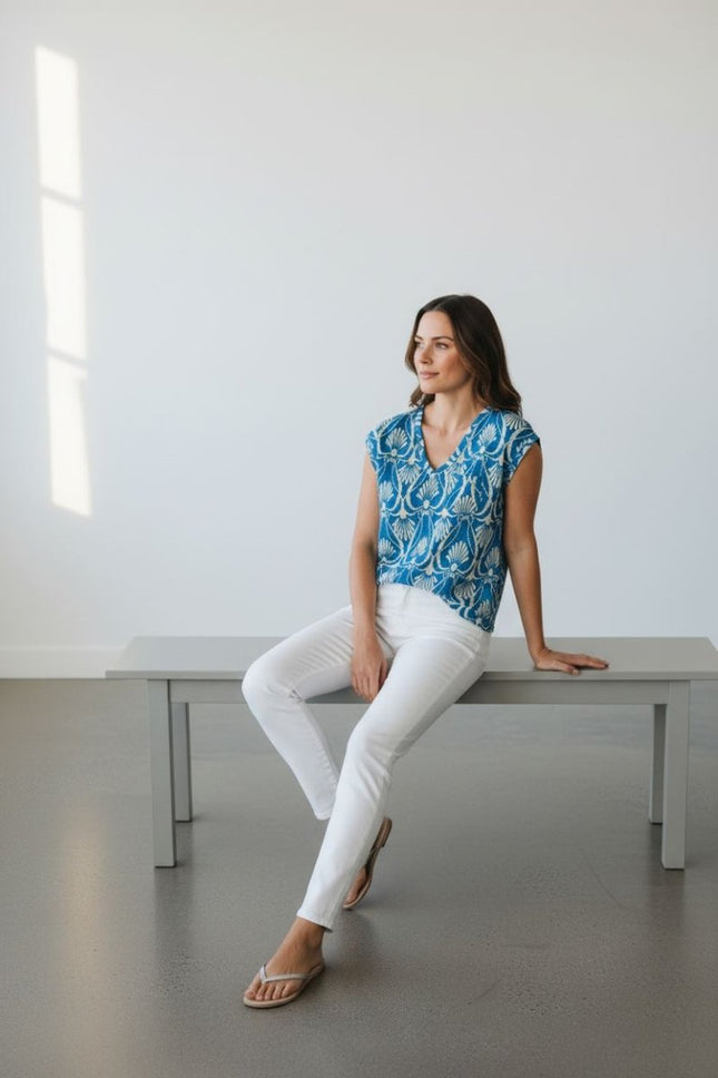 White Stuff Blue Iris Linen T-Shirt Blue V - Neck Short Sleeve Summer - Quality Brands Outlet