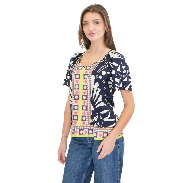 White Stuff Imogen Short Sleeve Top Navy Print Lightweight Summer - Quality Brands Outlet