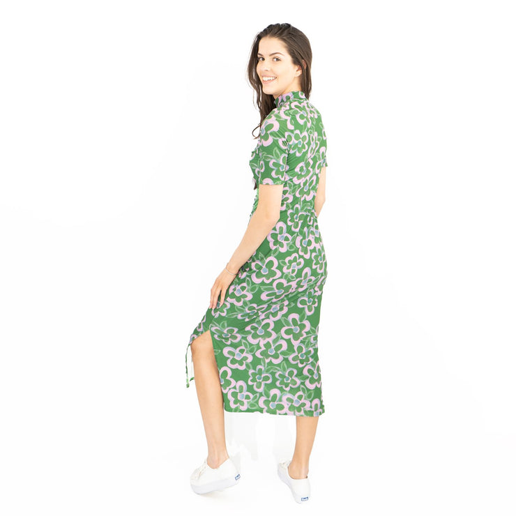 Nasty Gal Green Floral High Neck Short Sleeve Midi Dress