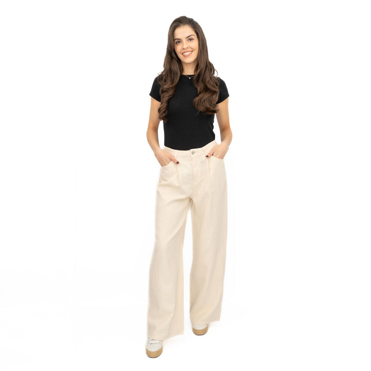 M&S Linen Blend Denim Wide Leg Trousers Cream