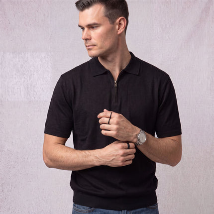 Massimo Dutti Mens Classic Knitted Linen Blend Polo Shirt Half Zip Neck Black