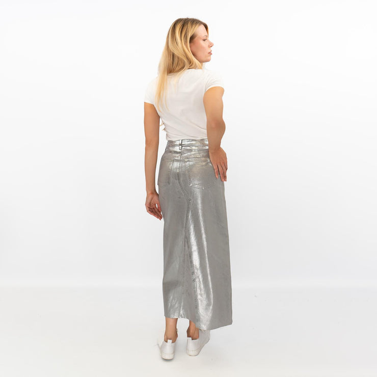 M&S Silver Denim Foil Shimmer Metallic Maxi Skirt Split - Quality Brands Outlet