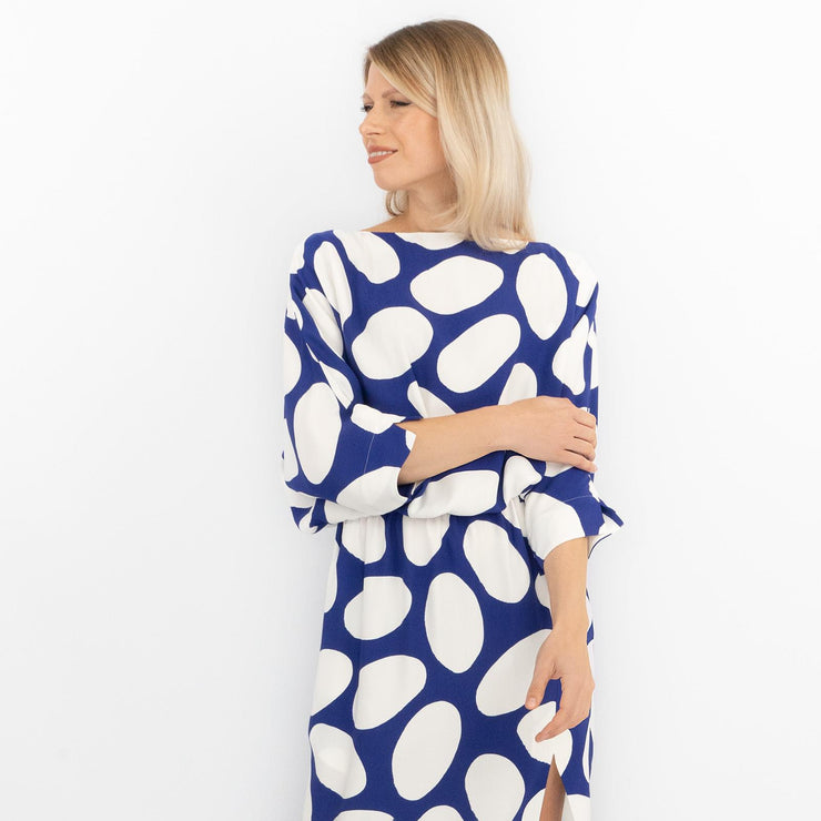 Jasper Conran Beau 3/4 Sleeve Blue Print Boat Neck Relaxed Fit Midi Dresses with Split and Pockets - Quality Brands Outlet
