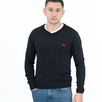 Crew Clothing Mens Jumper Black V-Neck Ribbed Long Sleeve Organic Cotton
