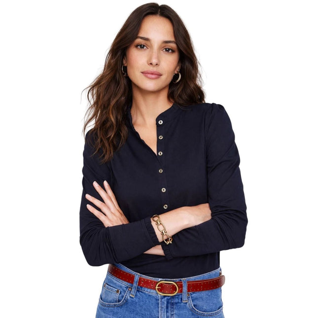 Boden Navy Supersoft Frill Henley Top Cotton Modal Slim Fit - Quality Brands Outlet