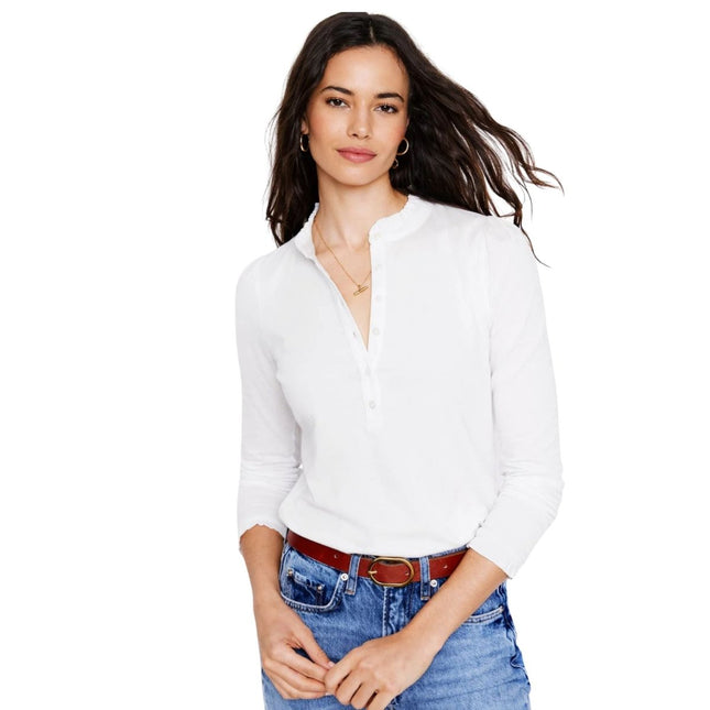 Boden White Supersoft Frill Henley Top Cotton Modal Slim Fit - Quality Brands Outlet