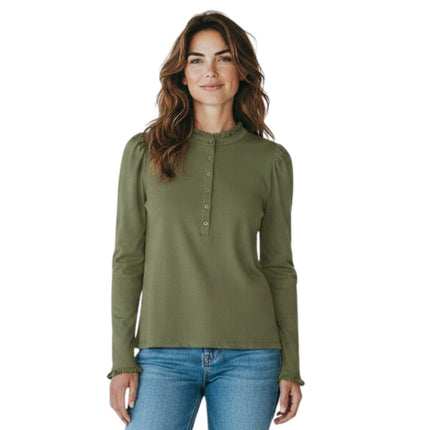 Boden Light Green Supersoft Frill Henley Top Cotton Modal Slim Fit - Quality Brands Outlet