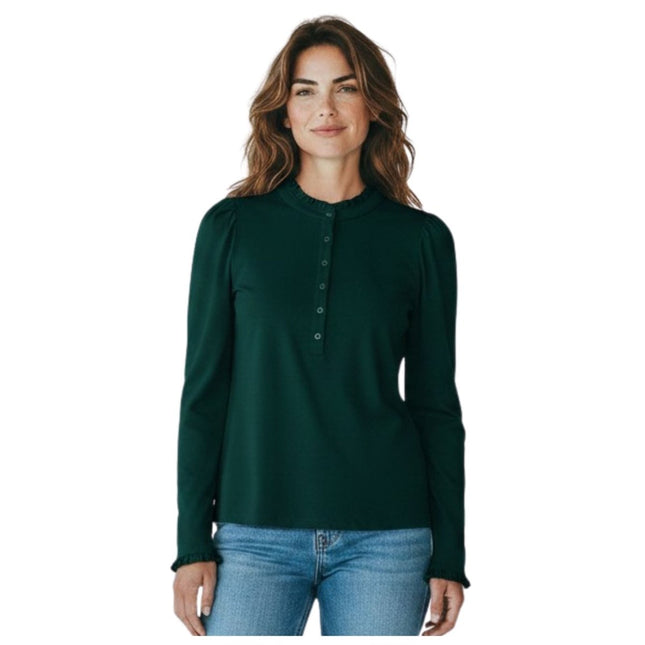 Boden Dark Green Supersoft Frill Henley Top Cotton Modal Slim Fit - Quality Brands Outlet