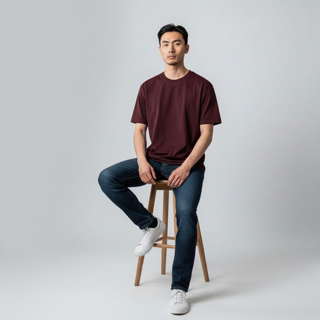 Bless Cotton T-Shirt Burgundy Bordeaux Short Sleeve - Quality Brands Outlet