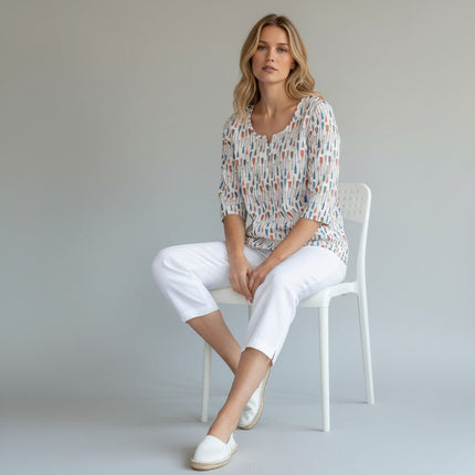 Seasalt White Summer Picture 3/4 Sleeve Notch Neck Relaxed Fit Lightweight Cotton Top-Quality Brands Outlet-